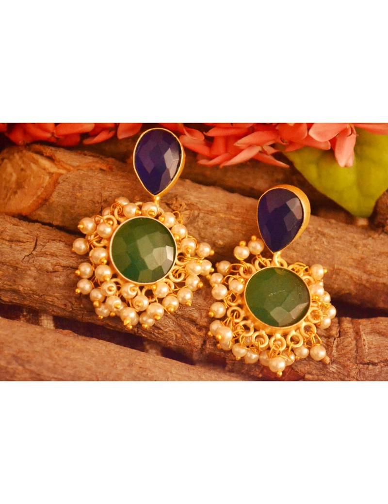 Designer Onyx Stone Gold Plated Golden Pearl Dangler Jhumka Stud Earrings