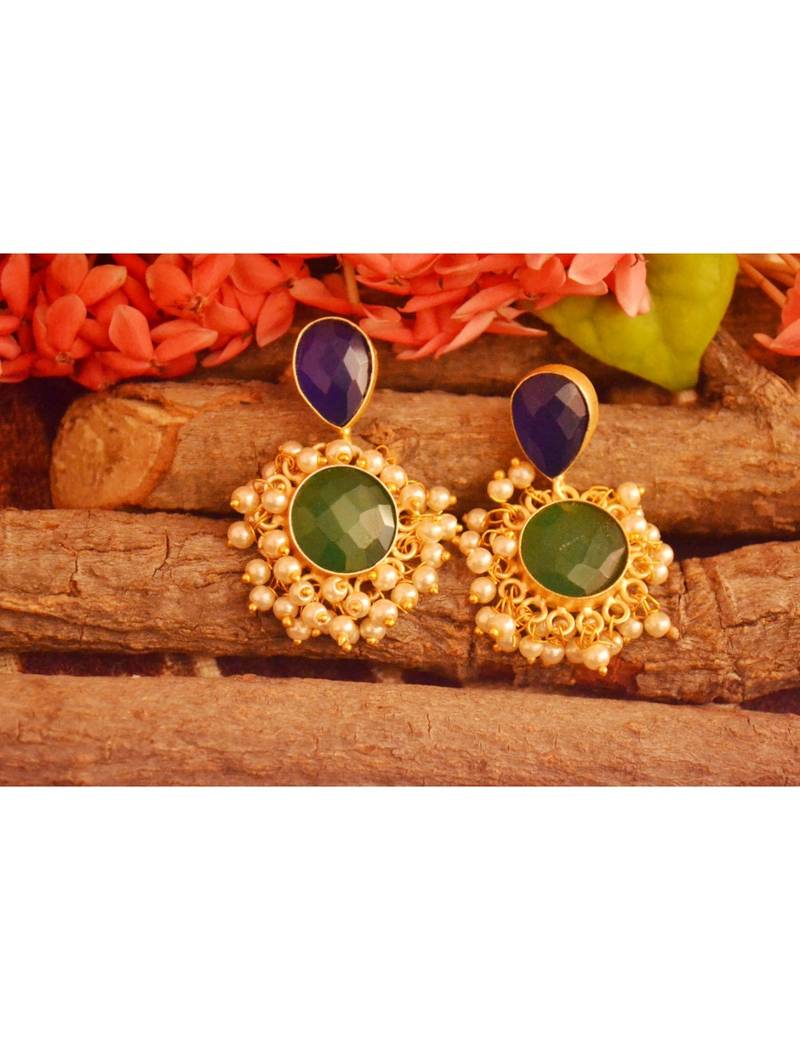 Designer Onyx Stone Gold Plated Golden Pearl Dangler Jhumka Stud Earrings