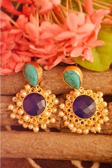 Designer Onyx Stone Gold Plated Golden Pearl Dangler Jhumka Stud Earrings