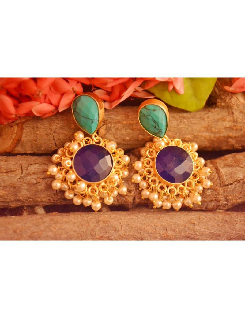 Designer Onyx Stone Gold Plated Golden Pearl Dangler Jhumka Stud Earrings