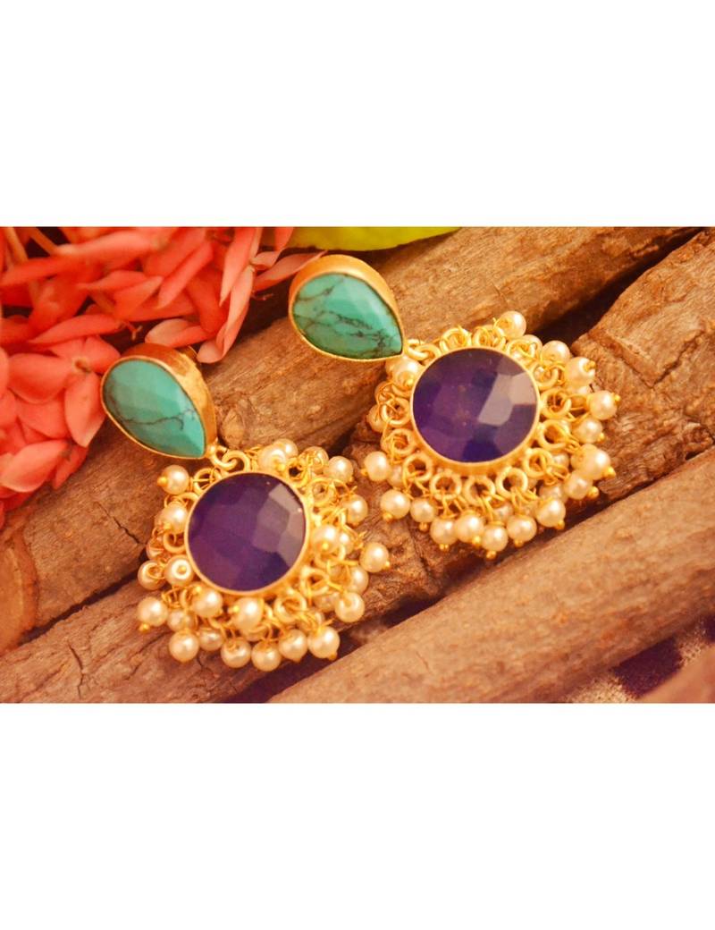 Designer Onyx Stone Gold Plated Golden Pearl Dangler Jhumka Stud Earrings