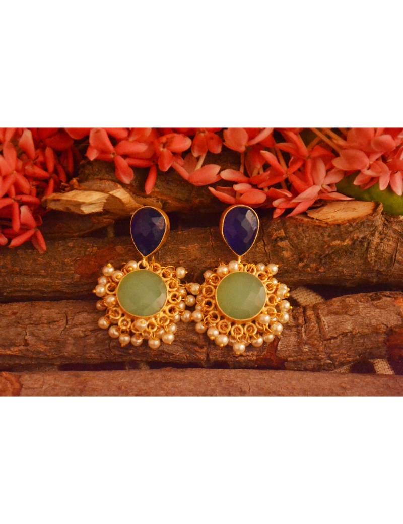 Designer Onyx Stone Gold Plated Golden Pearl Dangler Jhumka Stud Earrings