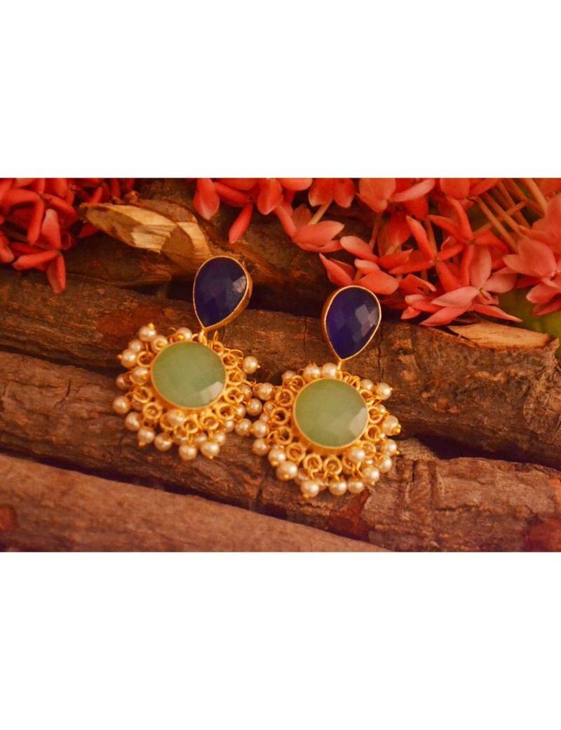 Designer Onyx Stone Gold Plated Golden Pearl Dangler Jhumka Stud Earrings
