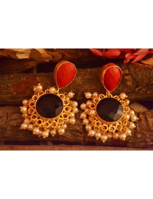 Designer Onyx Stone Gold Plated Golden Pearl Dangler Jhumka Stud Earrings 1