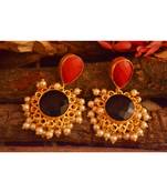 Designer Onyx Stone Gold Plated Golden Pearl Dangler Jhumka Stud Earrings