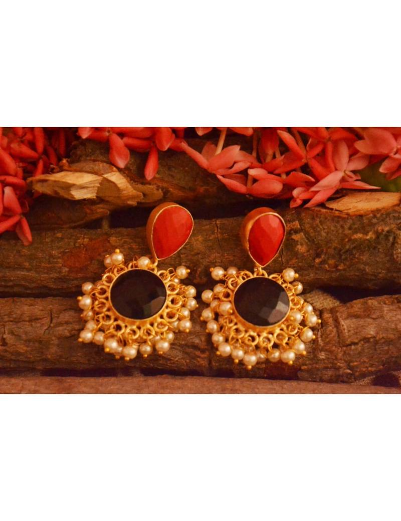 Designer Onyx Stone Gold Plated Golden Pearl Dangler Jhumka Stud Earrings