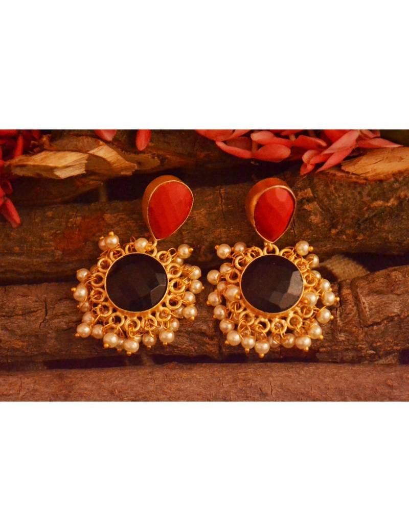 Designer Onyx Stone Gold Plated Golden Pearl Dangler Jhumka Stud Earrings