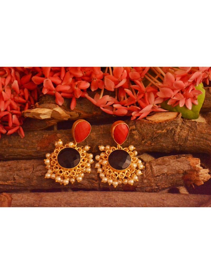 Designer Onyx Stone Gold Plated Golden Pearl Dangler Jhumka Stud Earrings