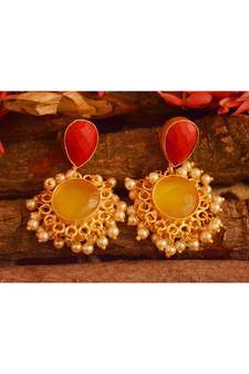 Designer Onyx Stone Gold Plated Golden Pearl Dangler Jhumka Stud Earrings