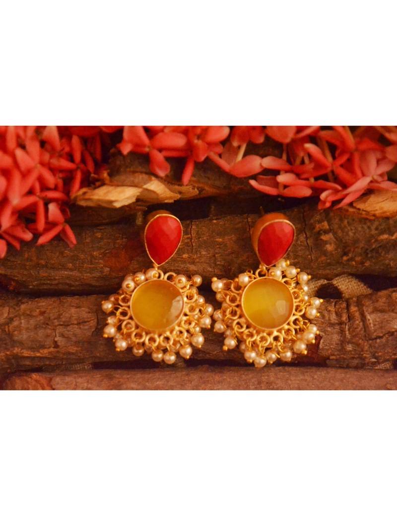 Designer Onyx Stone Gold Plated Golden Pearl Dangler Jhumka Stud Earrings