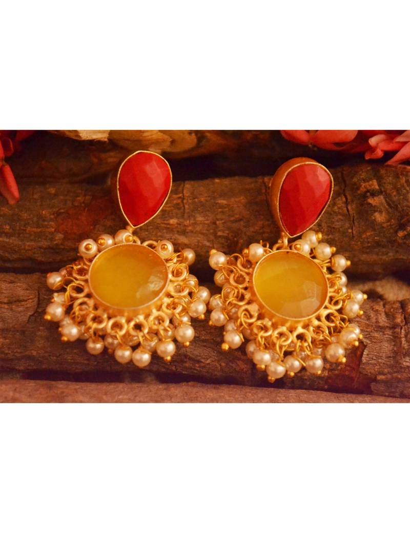Designer Onyx Stone Gold Plated Golden Pearl Dangler Jhumka Stud Earrings