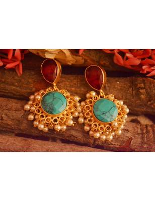 Designer Onyx Stone Gold Plated Golden Pearl Dangler Jhumka Stud Earrings 1