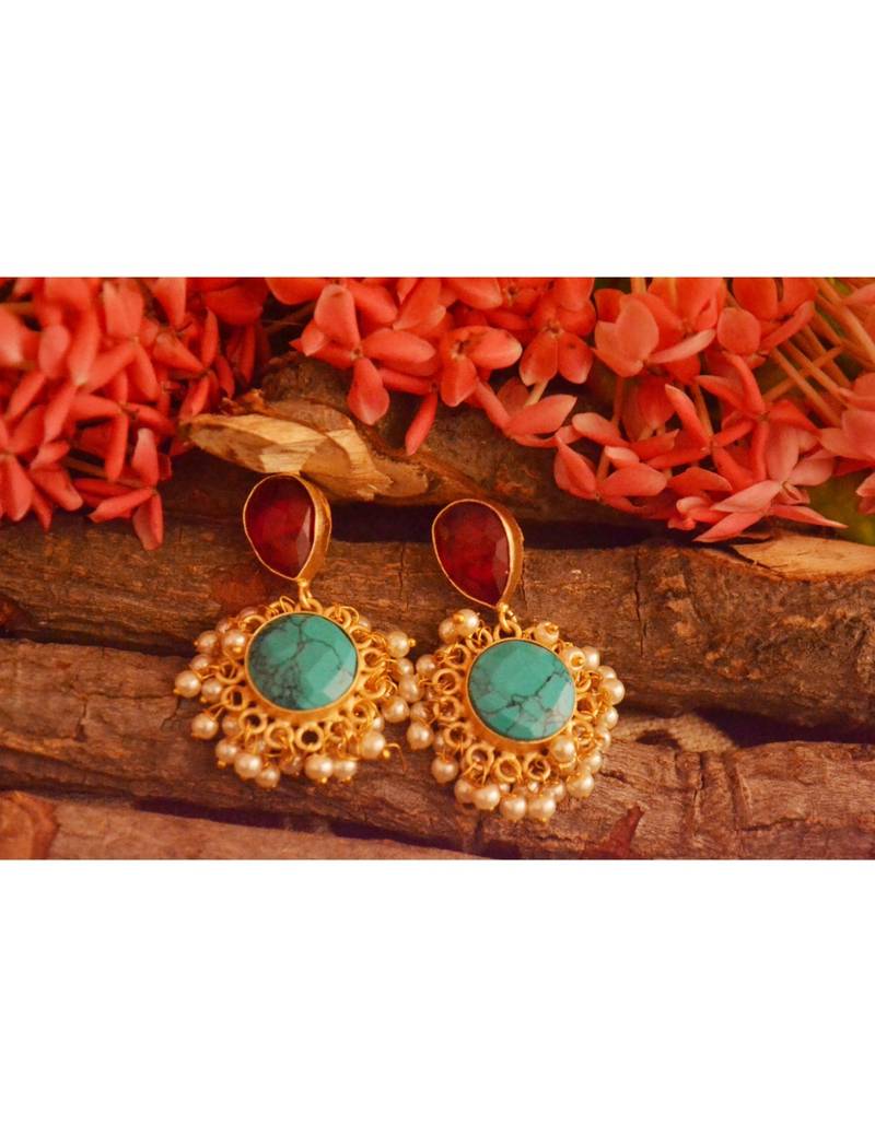 Designer Onyx Stone Gold Plated Golden Pearl Dangler Jhumka Stud Earrings