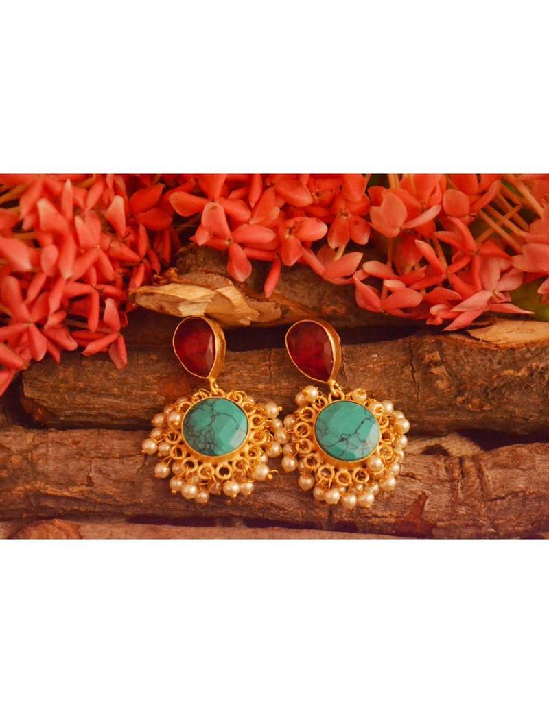 Designer Onyx Stone Gold Plated Golden Pearl Dangler Jhumka Stud Earrings