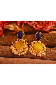 Designer Onyx Stone Gold Plated Golden Pearl Dangler Jhumka Stud Earrings