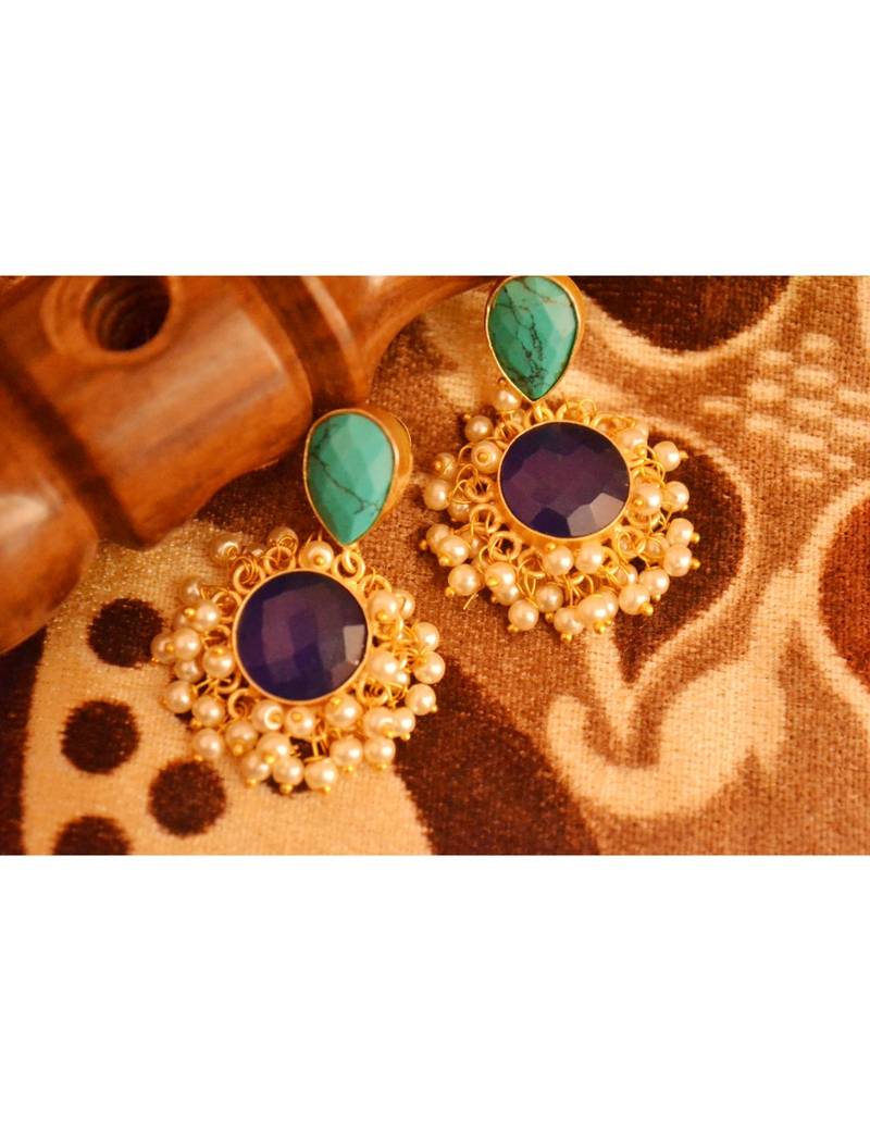 Designer Onyx Stone Gold Plated Golden Pearl Dangler Jhumka Stud Earrings