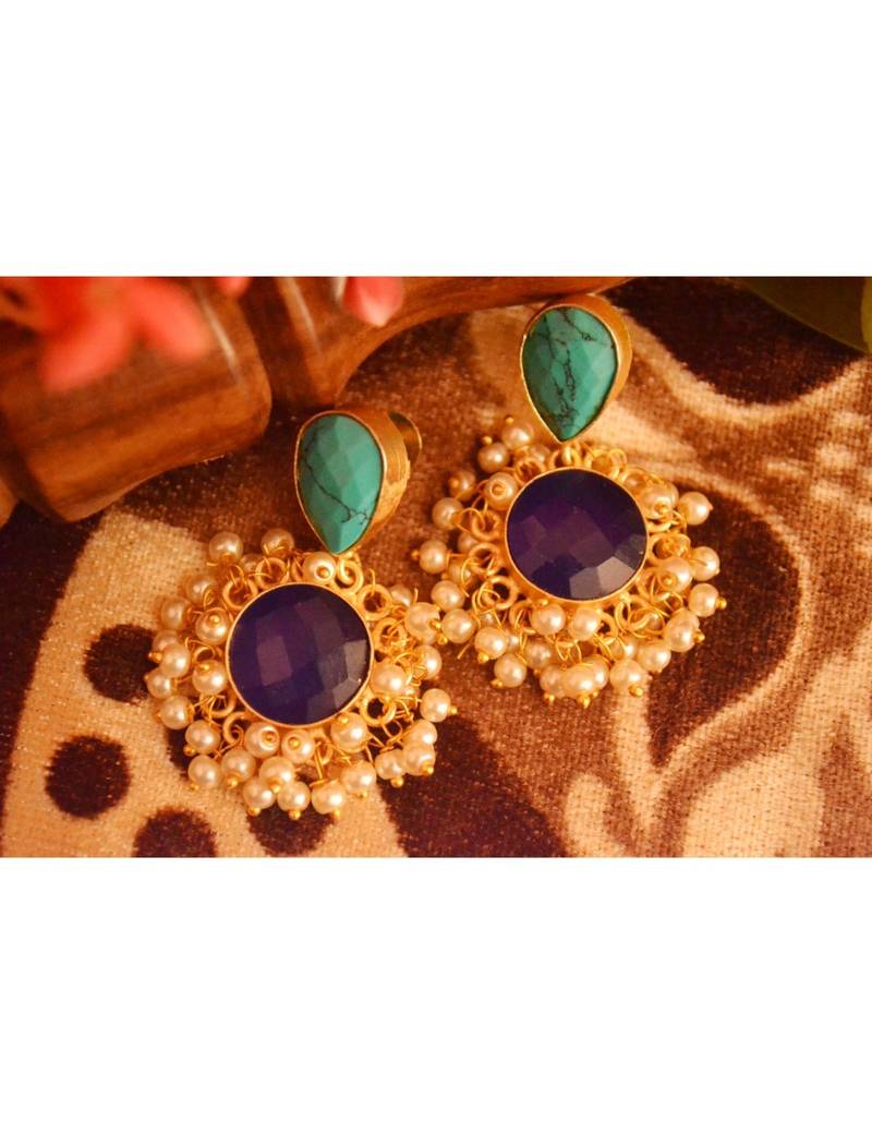 Designer Onyx Stone Gold Plated Golden Pearl Dangler Jhumka Stud Earrings