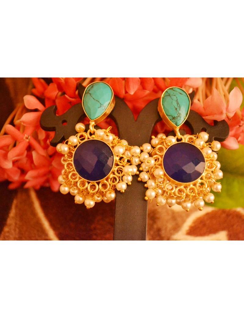 Designer Onyx Stone Gold Plated Golden Pearl Dangler Jhumka Stud Earrings