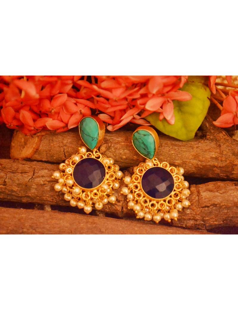 Designer Onyx Stone Gold Plated Golden Pearl Dangler Jhumka Stud Earrings