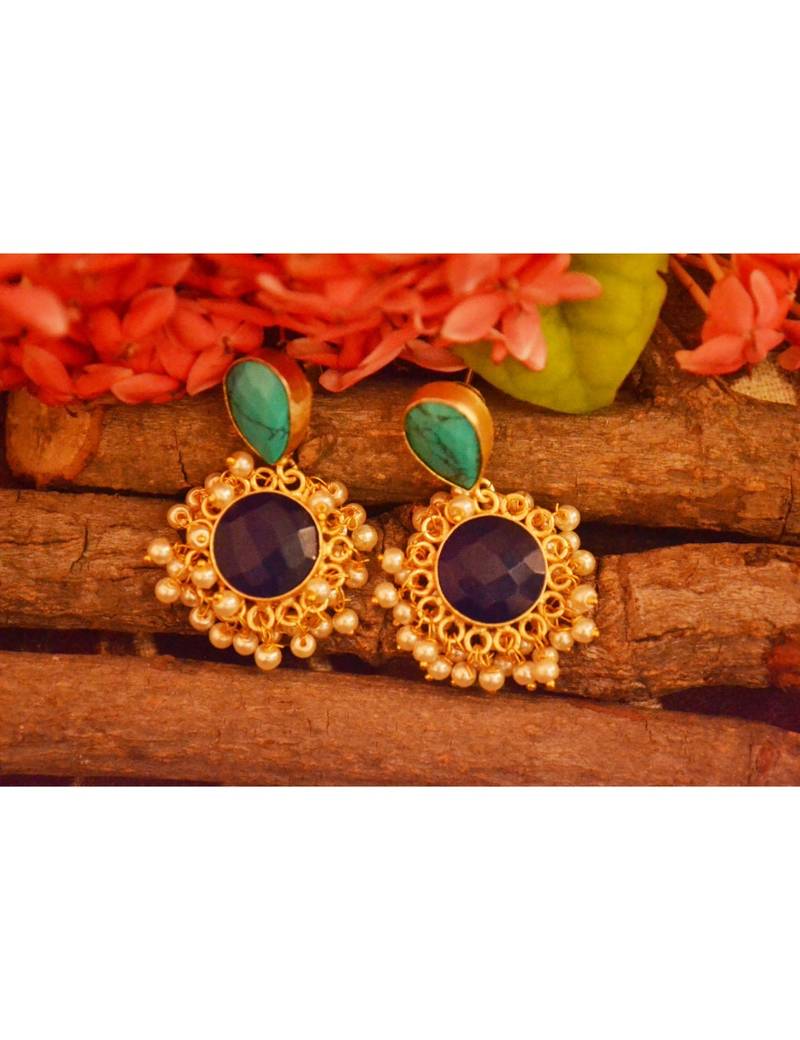 Designer Onyx Stone Gold Plated Golden Pearl Dangler Jhumka Stud Earrings