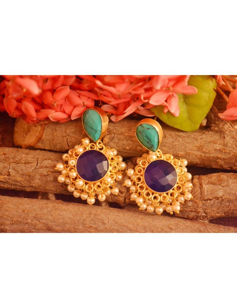 Designer Onyx Stone Gold Plated Golden Pearl Dangler Jhumka Stud Earrings