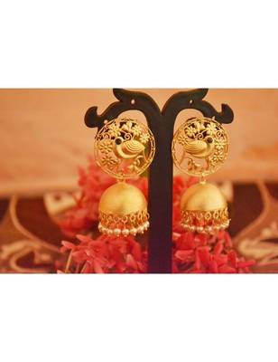 Designer Golden Gold Plated Filigree Jali Work Bird Sparrow Earrings 1