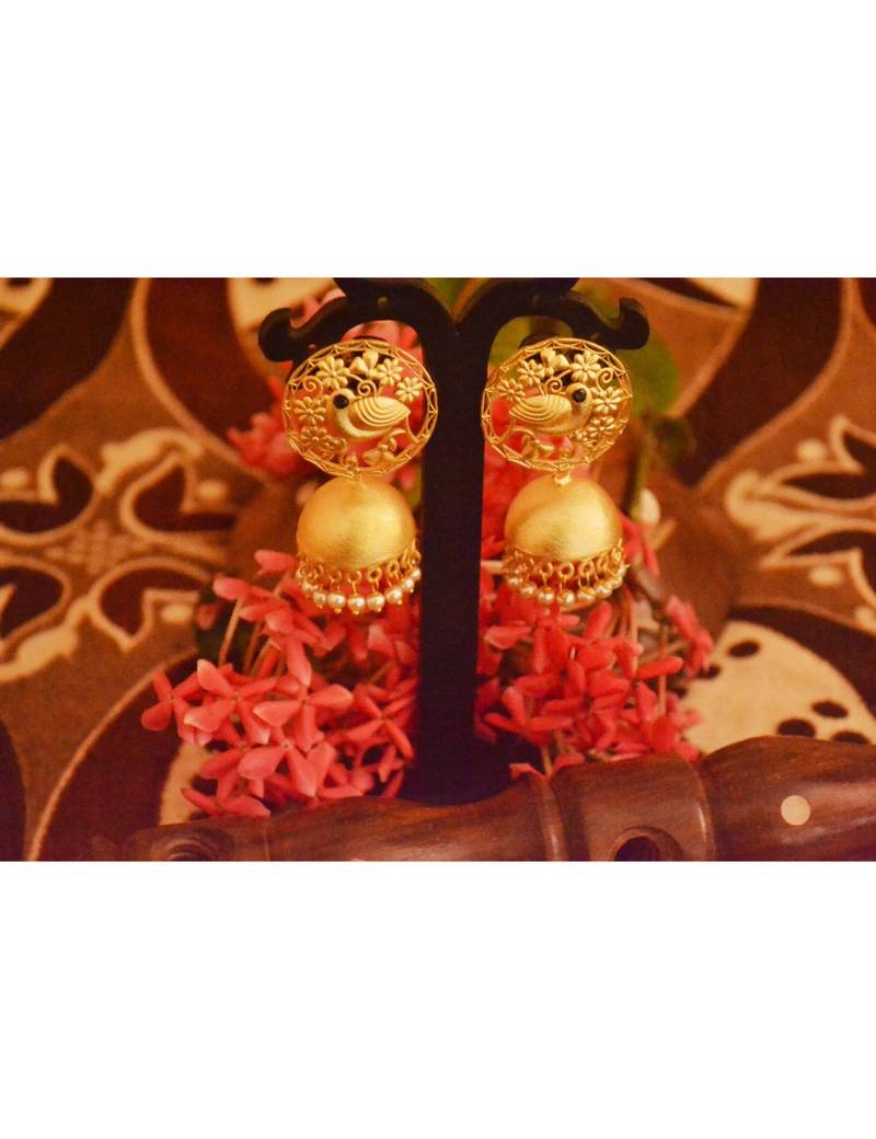 Designer Golden Gold Plated Filigree Jali Work Bird Sparrow Earrings