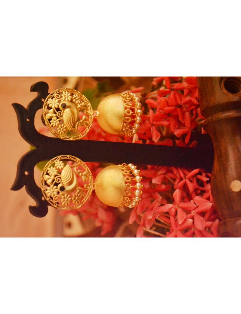 Designer Golden Gold Plated Filigree Jali Work Bird Sparrow Earrings