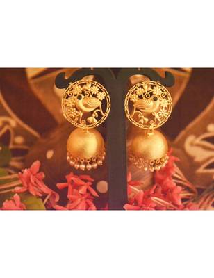 Designer Golden Gold Plated Filigree Jali Work Bird Sparrow Earrings 1