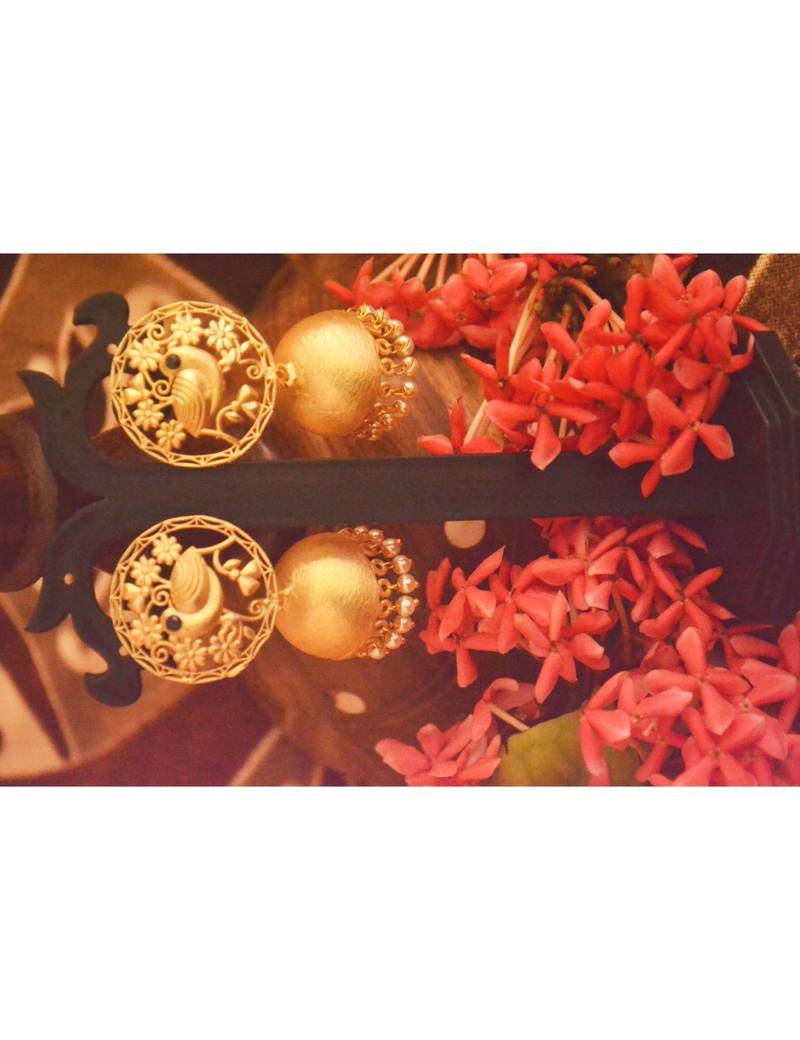 Designer Golden Gold Plated Filigree Jali Work Bird Sparrow Earrings