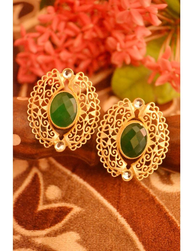 Designer Onyx Stone Gold Plated Golden Kundan Stones Stud Earrings