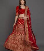 Red embroidered velvet semi stitched lehenga