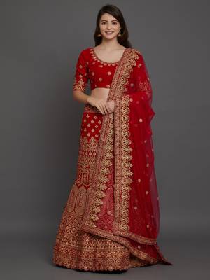 Red embroidered velvet semi stitched lehenga 2