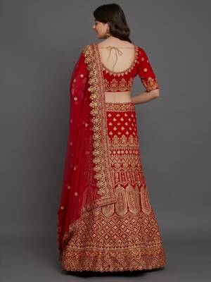 Red embroidered velvet semi stitched lehenga 3