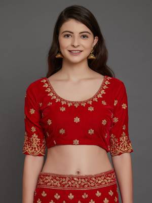 Red embroidered velvet semi stitched lehenga 4