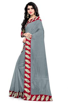 Grey Printed Chanderi Saree With Blouse 2
