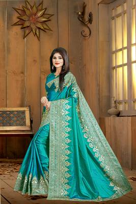 Green embroidered silk saree with blouse 3