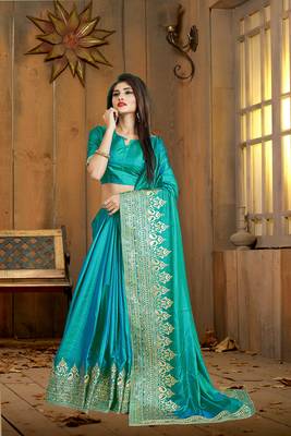 Green embroidered silk saree with blouse 4