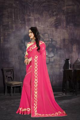 Pink embroidered georgette saree with blouse 3