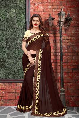 Brown  embroidered georgette saree with blouse 1