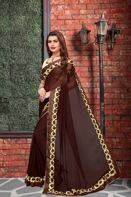 Brown  embroidered georgette saree with blouse 3