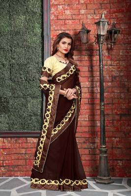 Brown  embroidered georgette saree with blouse 4