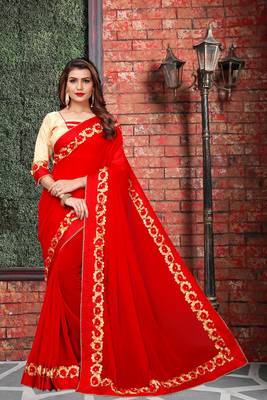 Red embroidered georgette saree with blouse 1