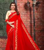 Red embroidered georgette saree with blouse