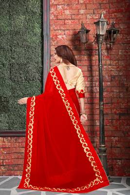 Red embroidered georgette saree with blouse 2