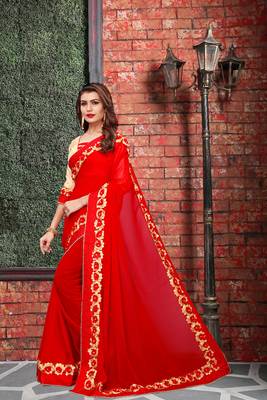 Red embroidered georgette saree with blouse 3