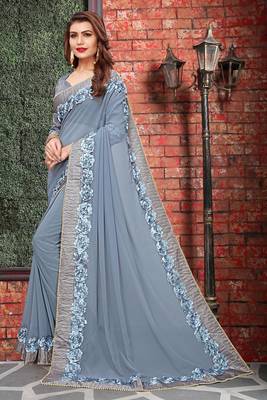 Grey embroidered georgette saree with blouse 3