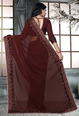 Brown embroidered georgette saree with blouse 2
