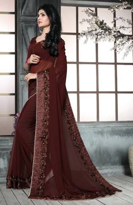Brown embroidered georgette saree with blouse 3