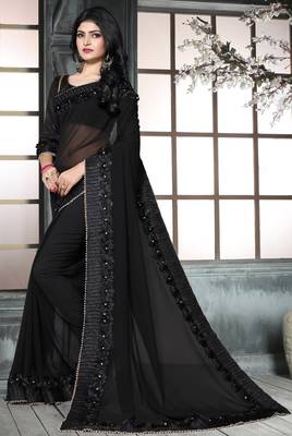 Black embroidered georgette saree with blouse 3